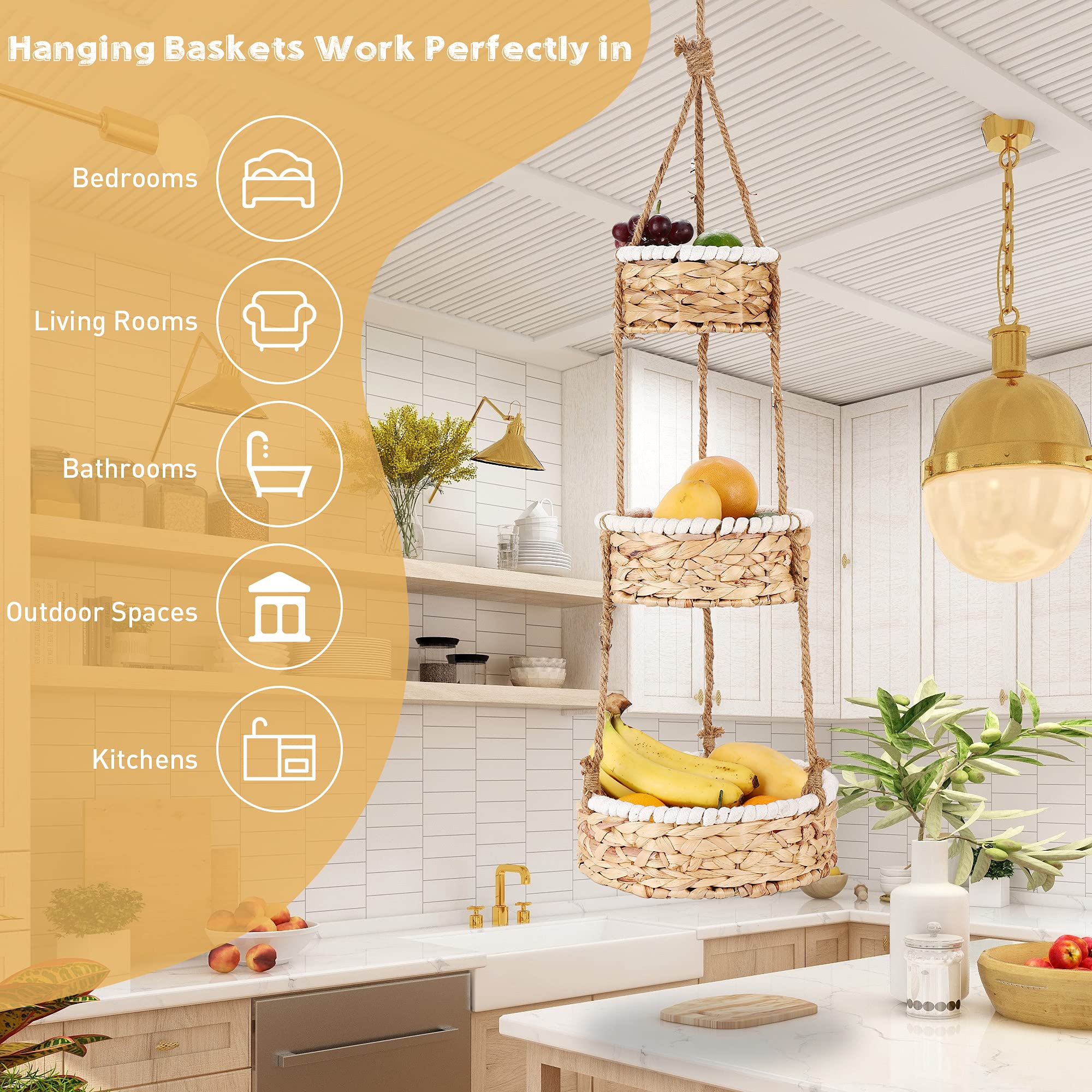 3 Tier Hanging Fruit Basket For Kitchen, Handmade Natural Woven Wicker Seagrass Hanging Basket For Fruit And Vegetable Counterto